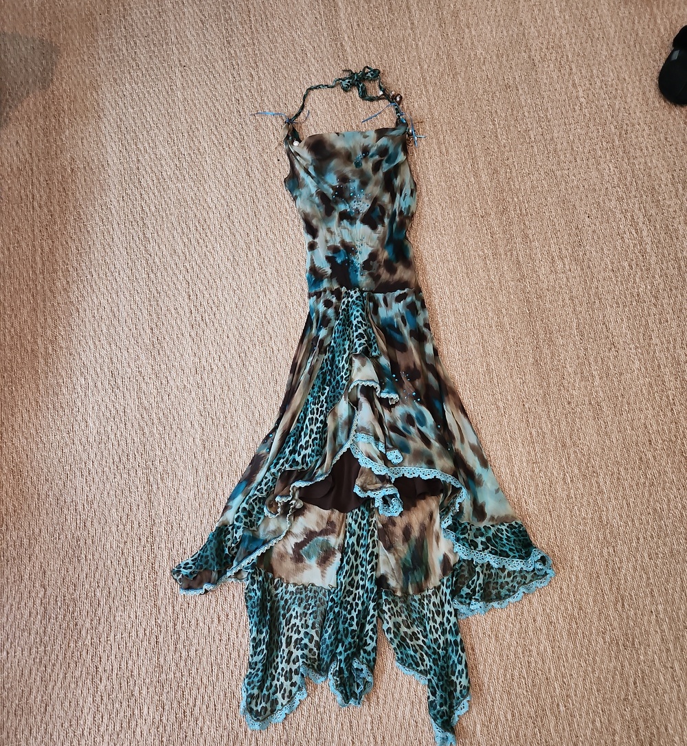 Maria Grazia Severi Fairy Teal Animal-Print Halter Flowy Dress Size M